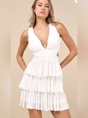 Lulus Beauty Icon White Satin Pleated Tiered Lace-Up Mini Dress